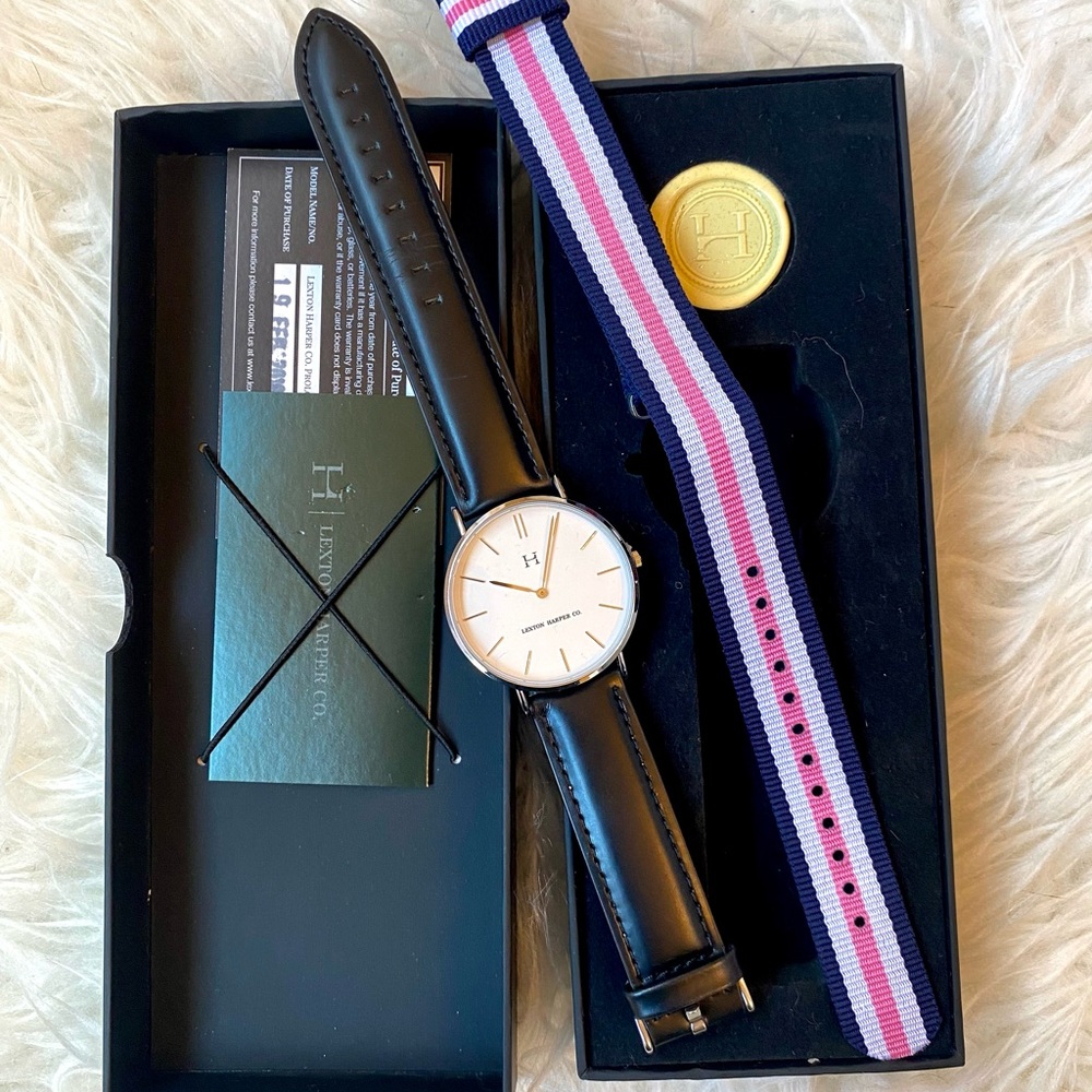 Black Leather Lexton Harper Watch with Extra Strap - New